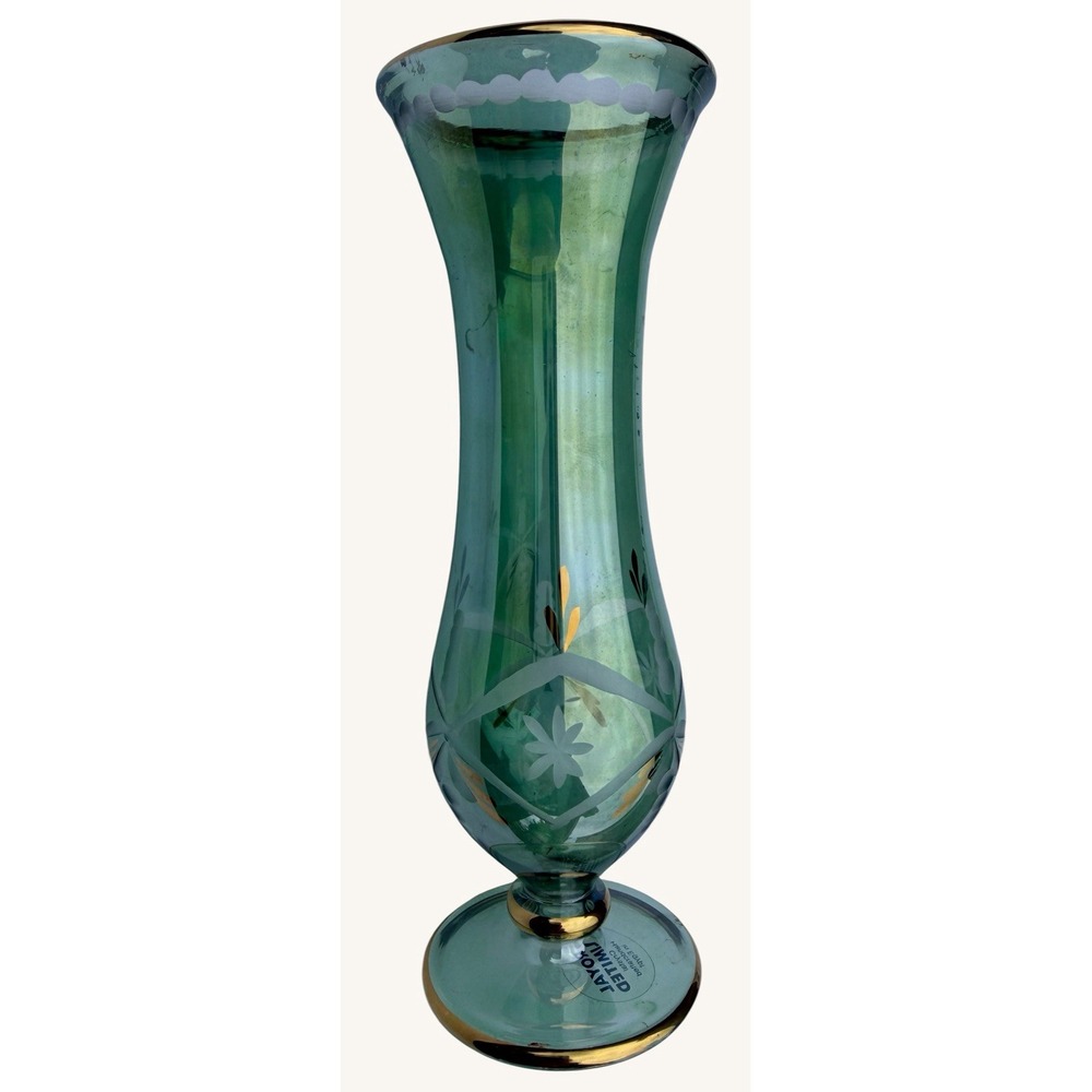 Vintage Royal Limited Emerald Green Glass Vase Hand Cut Etched Gold Rim 6 3/4"